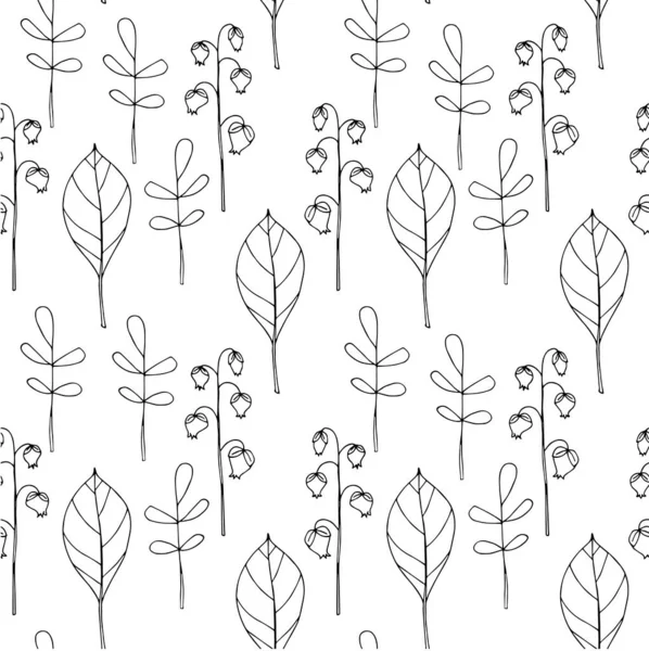轮廓叶在白色无缝背景上 织物印花 印刷品设计 单色矢量插图 印刷品的植物学无限大图案 — 图库矢量图片