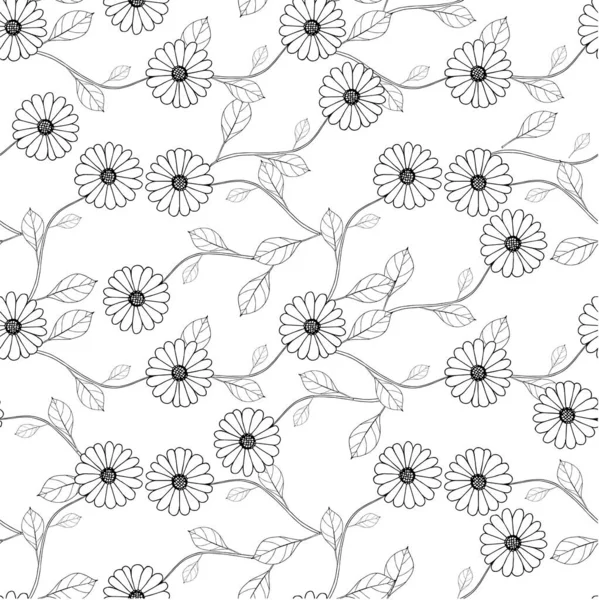 在白色无缝背景上的花序轮廓 织物印花 印刷品设计 单色矢量插图 印刷品的植物学无限大图案 — 图库矢量图片