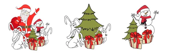 Санта Клаус Снеговик Рождественские Елки Подарок Кролика Синем Круге Наклейки — стоковый вектор