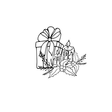 Mum çobanpüskülü hediye kutusu desenli tek renkli dekoratif beyaz sanat tasarımı stok vektör çizimi web için, baskı için, boyama sayfası için