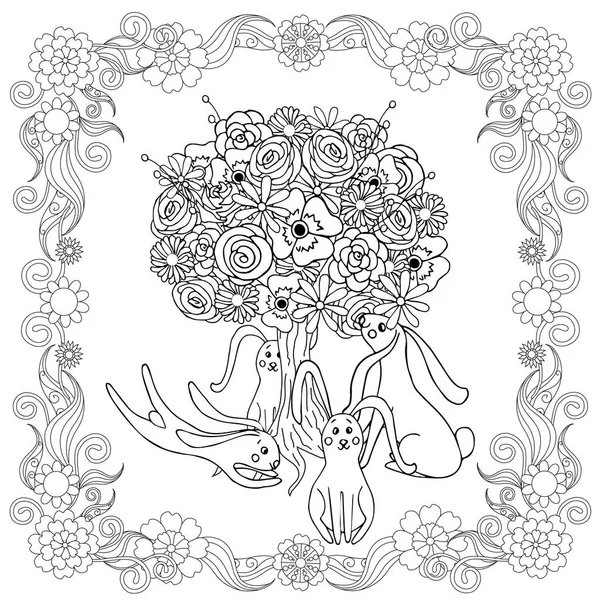 Árbol Floreciente Liebre Linda Marco Floral Diseño Elementos Monocromo Stock — Vector de stock