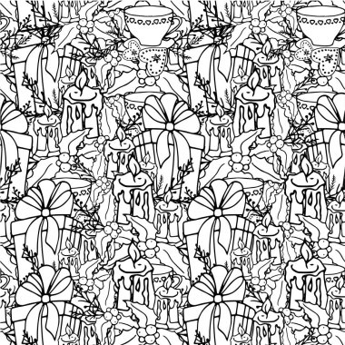 Kış tatili pürüzsüz geçiyor. Hediye kutusu mumu kutsal kupa siyah ana hatları beyaz sanat tasarımı unsurları web için vektör illüstrasyonu baskı için, duvar kağıdı için, ambalaj kağıdı için