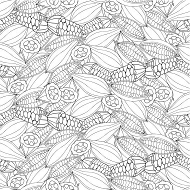 Kakao fasulyesi monokrom çizimi kusursuz desenli sanat tasarımı web, baskı, ürün tasarımı ve ürün tasarımı için stok vektör çizimi