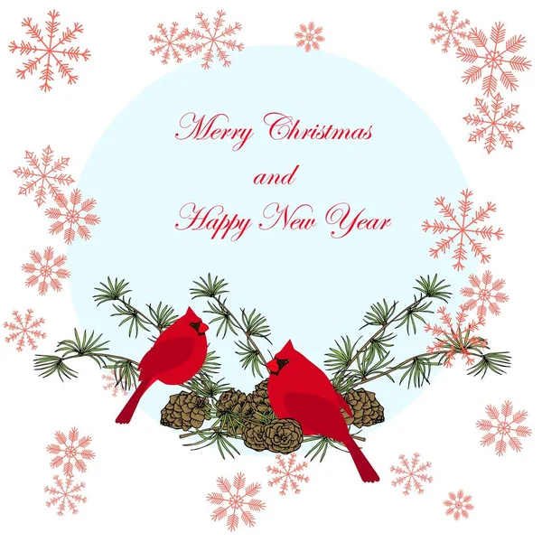 圣诞快乐新年大旗红杉绿树枝叶红雪纷飞 — 图库矢量图片