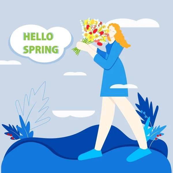 Hallo Frühlingsbanner Mädchen Lieben Frühlingsblumen Strauß Moderne Blaue Farbabbildung Für — Stockvektor