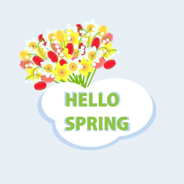 Merhaba bahar afişi mavi sanat tasarımı unsurları üzerine buket ile web için stok vektör illüstrasyonu, yazdırma