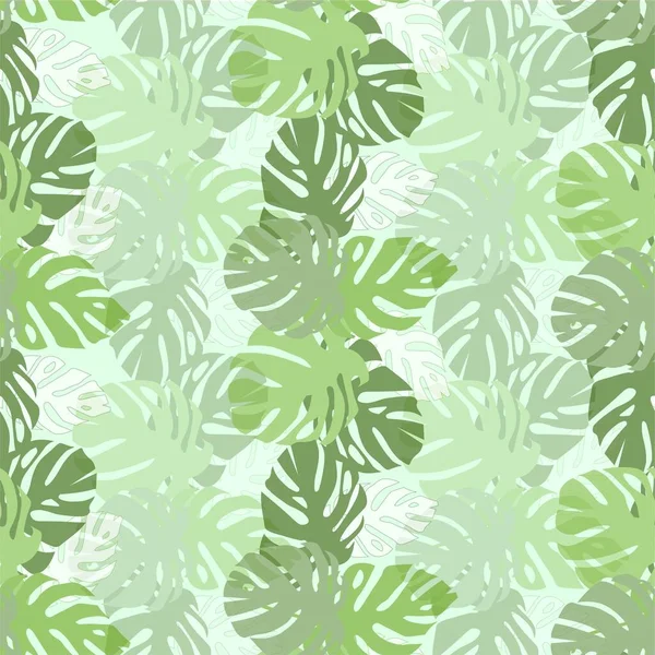 Monstera Leaves Seamless Pattern Jungle Botany Green Light Blue Background — Stock Vector