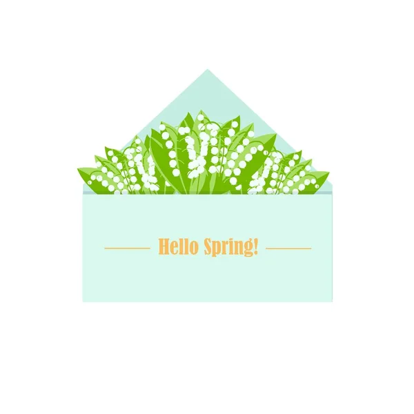 こんにちは春のバナー 春の花の背景で封筒 ウェブのための谷のアートデザイン株式ベクトルのイラストのユリ プリント — ストックベクタ