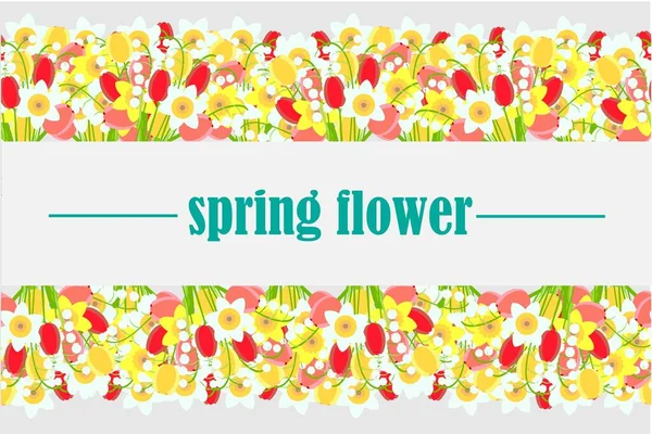 Frühling Blume Hintergrund Tulpen Narzissen Maiglöckchen Graue Kunst Design Vektor — Stockvektor