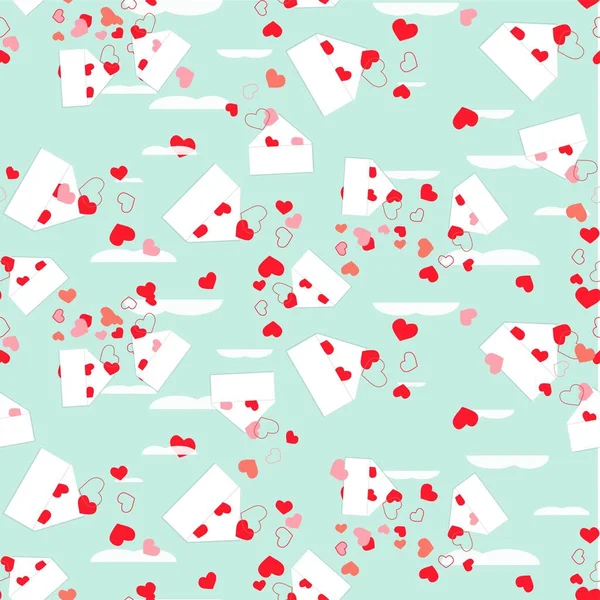 Umschlag Mit Rotem Herz Nahtlosem Muster Auf Blauem Kunstdesign Vektorillustration — Stockvektor
