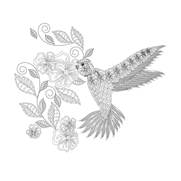 Hummingbird Fleur Doodle Monochrome Coloriage Art Design Illustration Vectorielle Stock — Image vectorielle