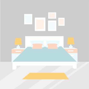 Yatak odası. Yatağın başucundaki yastık masa lambası masa halısı. Duvardaki çerçeve üzerinde. Mavi gri, beyaz, düz, düz iç dizayn.