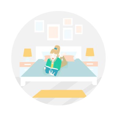 Yatakta uzanmış yatak odasında kitap okuyan bir kız. Yatağın başucundaki yastık masa lambası masa halısı. Duvardaki çerçeve üzerinde. Mavi gri, beyaz, düz, düz iç dizayn.