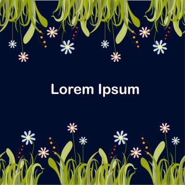 Yeşil çimen kırmızı böğürtlen mavi pembe çiçekler koyu mavi doğa tasarım elementleri stok vektör illüstrasyonu Lorem Ipsum ağ için, baskı için