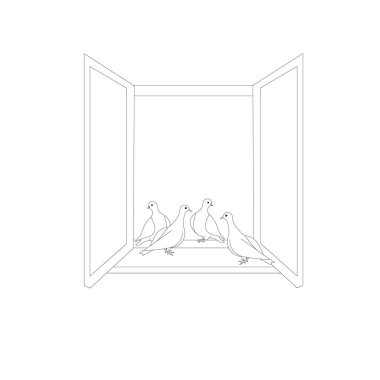 Açık penceredeki güvercinler tek renkli resim çizimi web için stok vektör çizimi, yazdırma