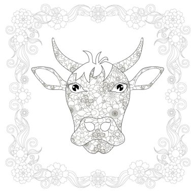 Monochrome doodle hand drawn stylized cow in flowers frame. Anti stress stock vector illustration for coloring book