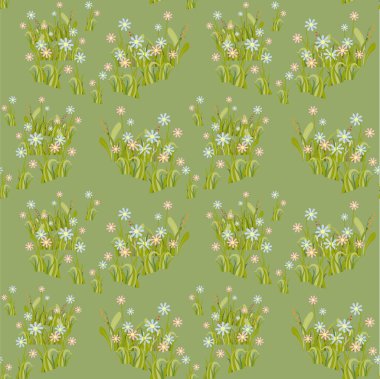 Mavi pembe çiçek çayırı yeşil pürüzsüz desenli sanat tasarımı web, baskı ve kumaş baskısı için stok vektör çizimi