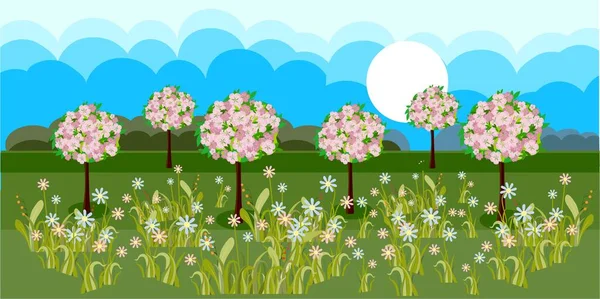 Primavera Paisaje Floreciente Jardín Nube Azul Diseño Plano Elementos Diseño — Vector de stock