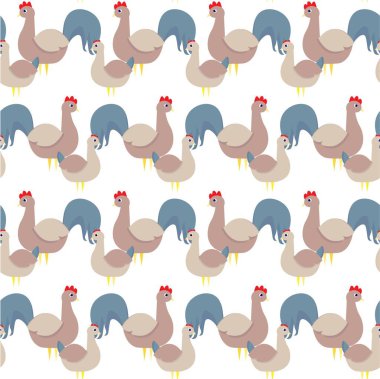 Tavuk ve horoz kusursuz desenli çiftlik kuşu tasarımı ağ, baskı ve kumaş baskısı için vektör illüstrasyonu elementleri