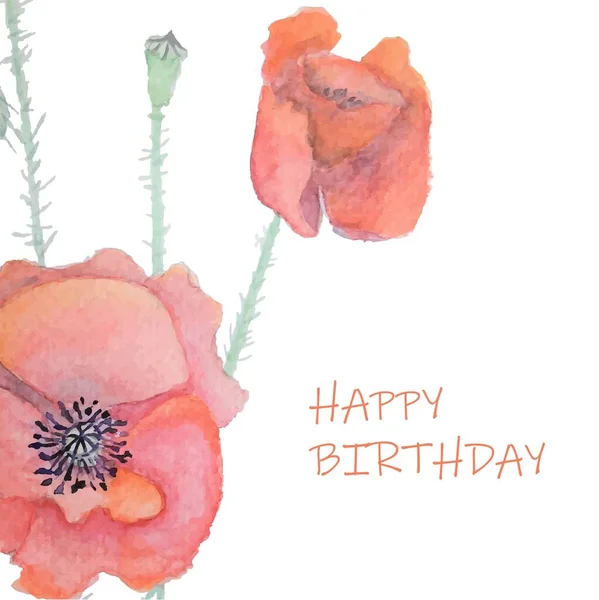 Happy Birthday Ακουαρέλα Papaver Κόκκινα Λουλούδια Λευκό Στοιχείο Σχεδιασμού Τέχνης — Διανυσματικό Αρχείο