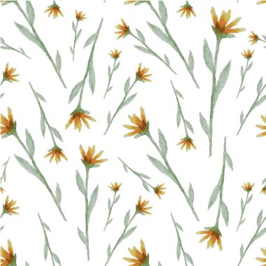 Beyaz sanat tasarımı üzerindeki sarı çiçekli suluboya desen ağ için, baskı için, kumaş baskısı için, ambalaj kağıdı için, duvar kağıdı için vektör illüstrasyonu