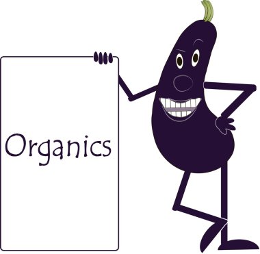 Smiling purple eggplant with arms and legs, eyes, plaque with the inscription Organics