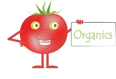 Smiling red tomatoes with green eyes, a white plaque with the inscription Organics, object over white