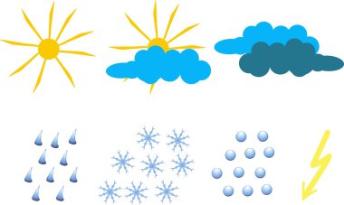 Clip-art for weather icons. yellow sun and lightning, blue and dark blue clouds, raindrops, snowflakes, hail