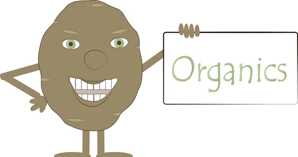Patata sonriente marrón con ojos verdes y un signo de Organics, objeto, aislado en blanco — Vector de stock