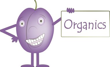 Smiling purple plum with arms and legs, eye light purple, the banner with the inscription Organics, healthy eating for children