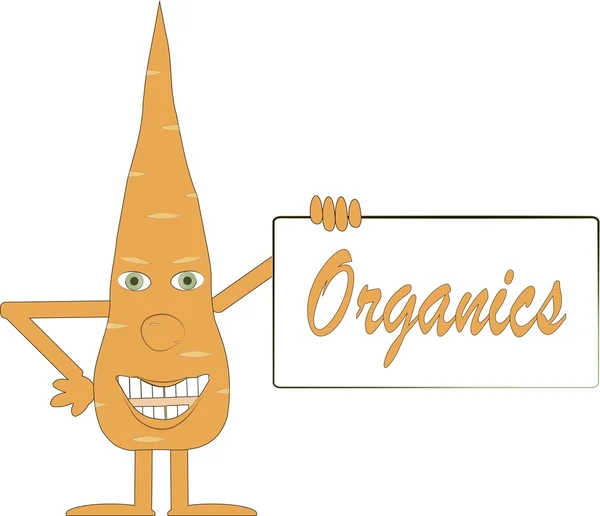 Zanahoria naranja sonriente con brazos y piernas, ojos verdes, una pancarta con la inscripción Organics, alimentación saludable para niños — Vector de stock