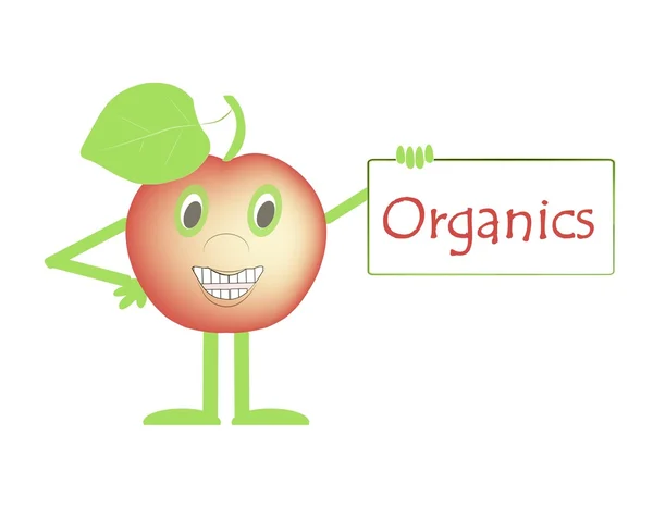 Manzana sonriente roja con manos y pies, ojos verdes, hojas, un signo que dice comida orgánica y saludable para niños — Vector de stock