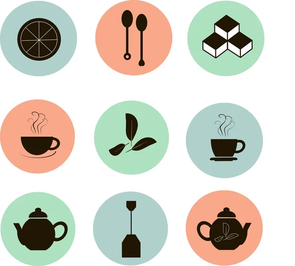 Tea icons, black marks on the red, blue, green, white background, flat icons. Bright pastel cool colors — Stockvector