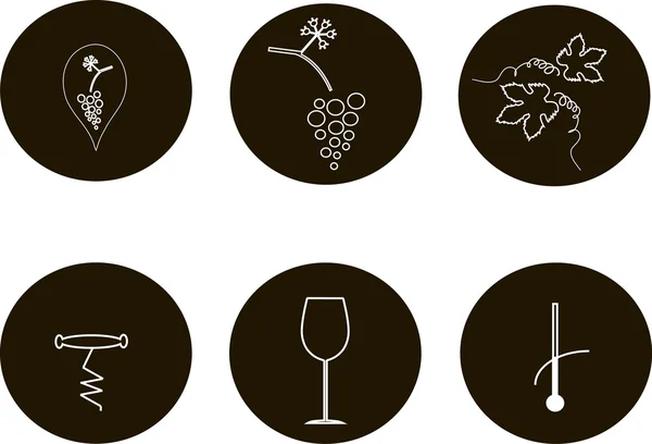 Black and white round wine icons, line style. Thin white lines on a black background — Stok Vektör