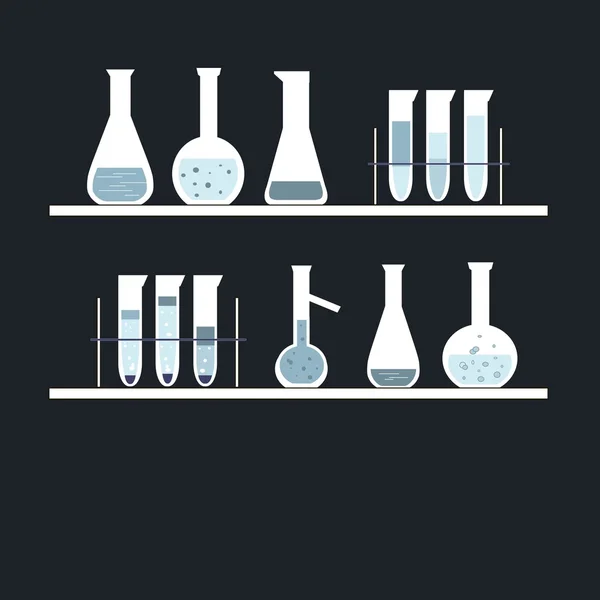 Хімічна пробірка на полицях, на чорному. Білий, синій, світло-блакитний кольори — стоковий вектор