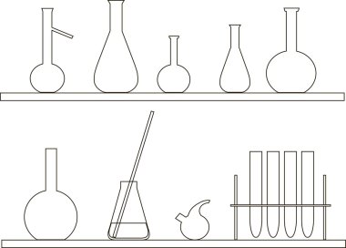 Kimyasal test tüpü rafta. Beyaz üzerine siyah ince kontür