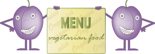 Dwa uśmiechający się fioletowy śliwkami, bord z napisem menu, wegetariański, rąk, nóg, oczu, białe tło — Wektor stockowy