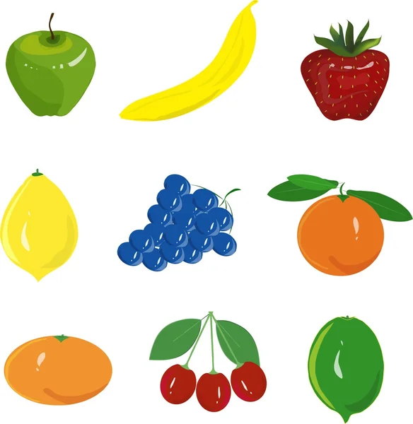 Set de frutas. Manzana verde, plátano amarillo, fresa roja, limón amarillo, uvas azules, naranja, mandarina, cereza, sobre un fondo blanco, dibujo a mano — Vector de stock