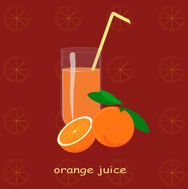 A glass of orange juice, orange, sliced orange, green leaves on maroon background, the contours of the oranges slice, painting