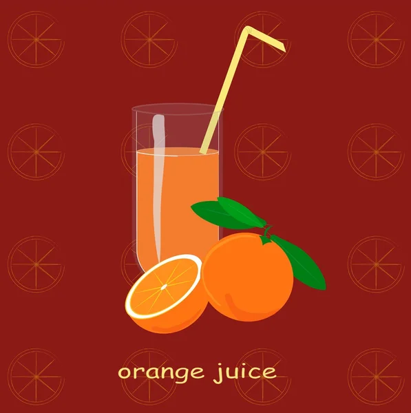 Un verre de jus d'orange, orange, orange tranchée, feuilles vertes sur fond marron, les contours de la tranche d'oranges, peinture — Image vectorielle