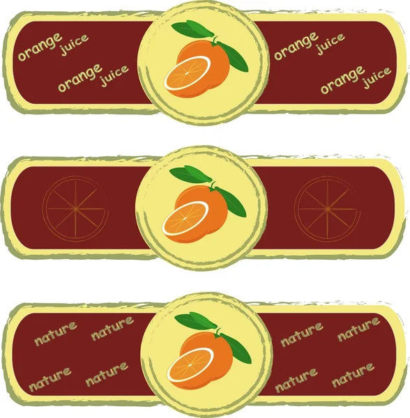 Etiquetas. Naranja, en rodajas Naranja, hojas verdes sobre fondo amarillo claro, pintura, Borgoña, marco caqui — Vector de stock