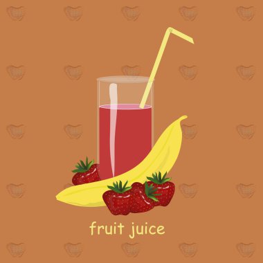 A glass of fruit juice, yellow straws, banana, red strawberry on an orange background, the painting
