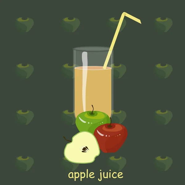 Un verre de jus de fruits, paille jaune, vert, rouge, pomme sur fond vert foncé, la peinture — Image vectorielle