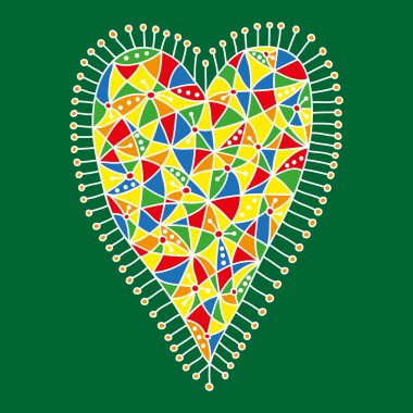Decorative heart with a bright colorful pattern on a green background