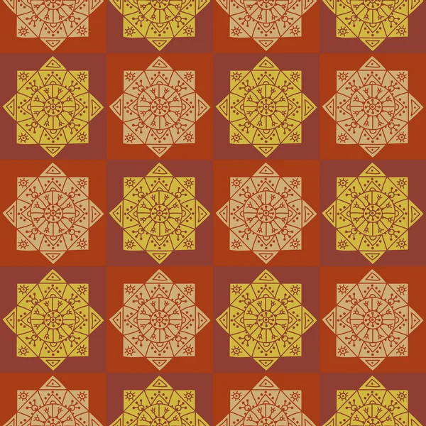 Seamless checkered pattern with ethnic rosettes on a dark background — ストックベクタ