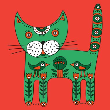 Decorative ethnic cute green cat on a bright orange background