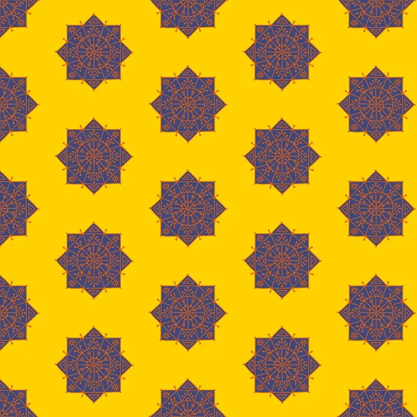 Helles, nahtloses Muster mit ethnischen Rosetten auf gelbem Hintergrund — Stockvektor