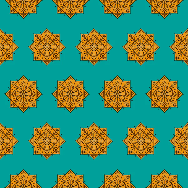 Bright seamless pattern with orange ethnic rosettes on a blue background — Stockvector