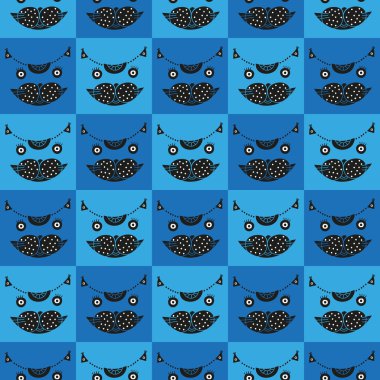 Cute cat's head seamless checkered blue pattern