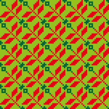 Bright seamless floral pattern with red and green elements on a green background